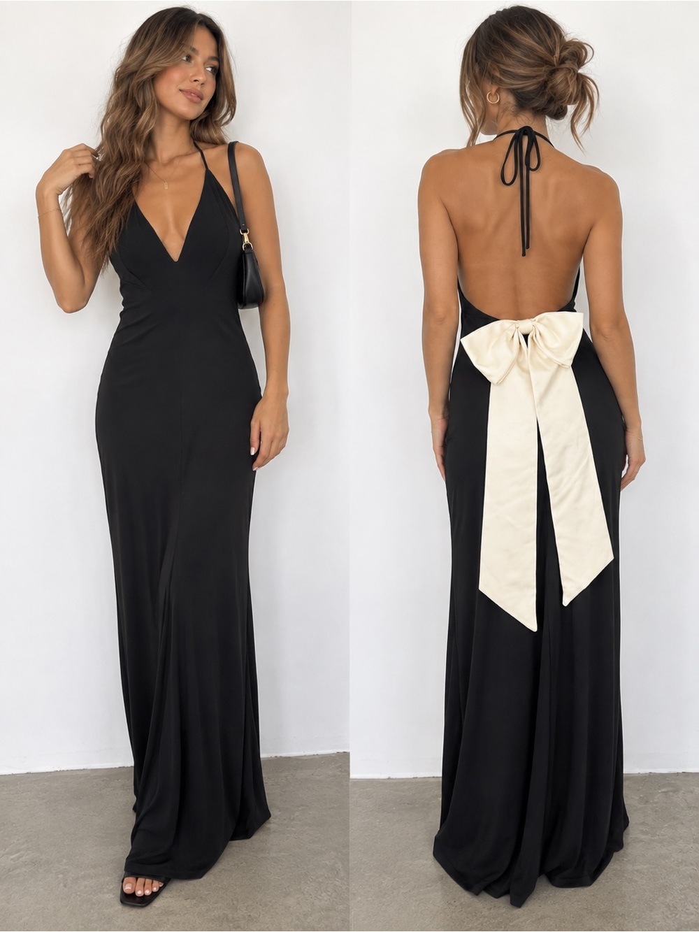 White Fox Black Halter Backless Maxi Dress with Cream Bow